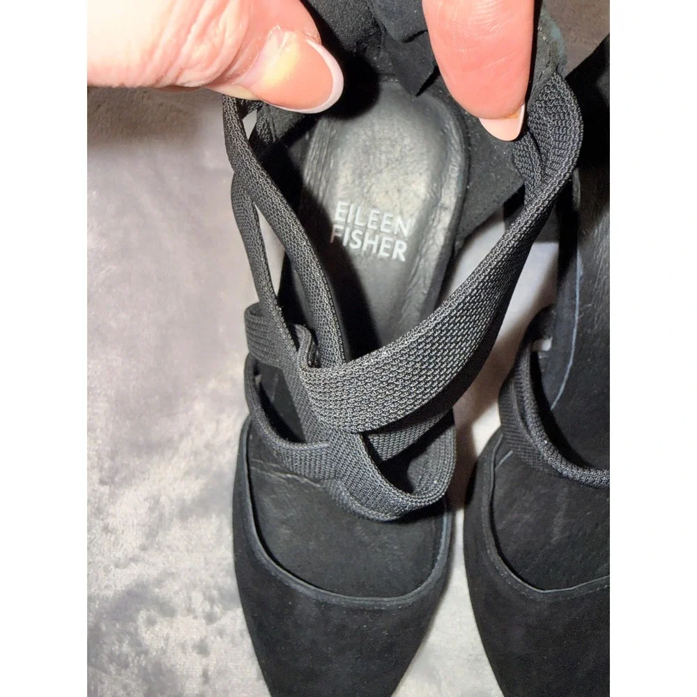 Eileen Fisher Black Suede Pointed Toe Elastic Strap Block Heel‎ Pumps Size 5 NEW